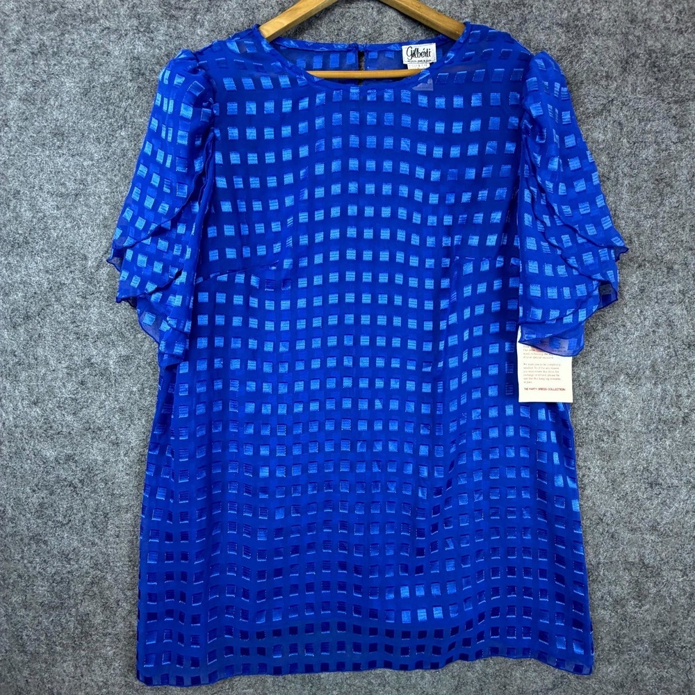 Vintage Gilbert Shift Dress Womens 8 Blue 80s Keyhole Shee Ruffle Sleeve Party
